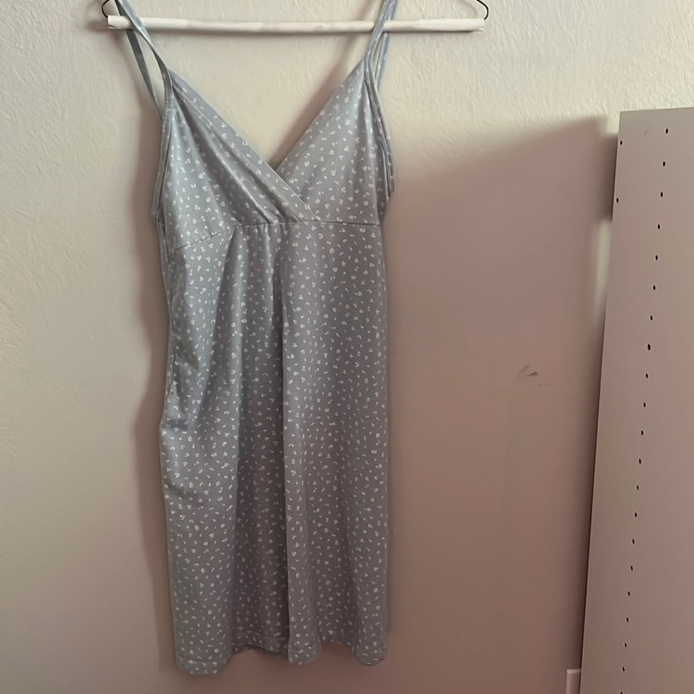 blue brandy (amara) dress with white flowers, cross neckline